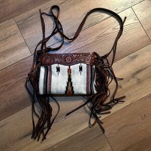 American Darling Western Leather Tooled Leather Fringe Crossbody Bag VTG